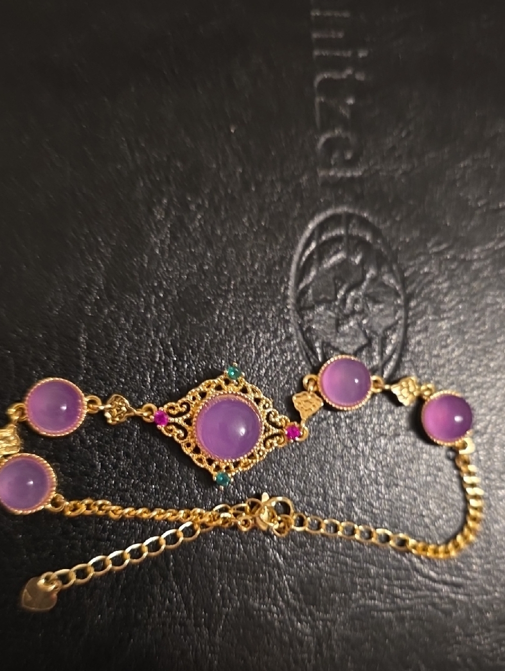 Gold Bracelet with Purple Jade Gemstones - Women's Jewelry